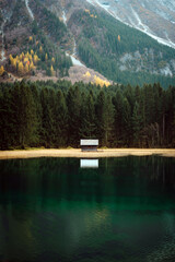 A quiet cabin stands alone by a crystal-clear mountain lake surrounded by tall trees and vibrant autumn foliage under a gentle sky. Generative AI.