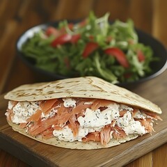 Smoked salmon and cream cheese flatbread sandwich served with a green salad