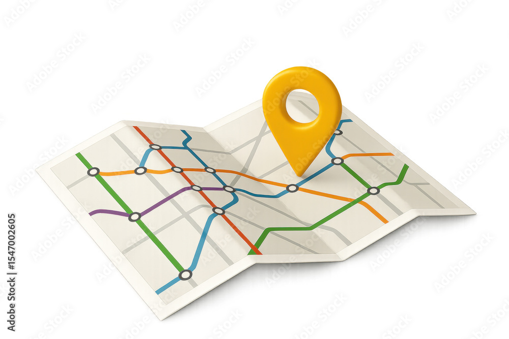 Poster folded subway map highlighting destination with location pin, transparent backdrop supporting travel