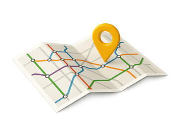 Folded subway map highlighting destination with location pin, transparent backdrop supporting travel navigation themes