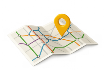 Folded subway map highlighting destination with location pin, transparent backdrop supporting travel navigation themes