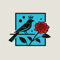 Black Bird and Red Rose Minimalist Emblem Sticker.eps