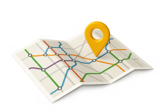Folded subway map highlighting destination with location pin, transparent backdrop supporting travel navigation themes