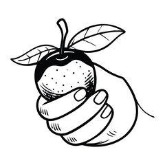 Black and white illustration featuring a bold, cartoon style hand gripping a mandarin orange.