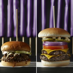 Two delicious and appetizing burgers with different toppings on a vibrant background