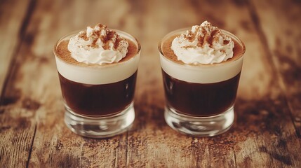 Two shots of Irish coffee with whipped cream and cocoa on a wooden surface
