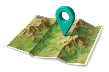 Location pin marking mountain terrain and river route on creased paper map, symbolizing geographical exploration and navigation planning
