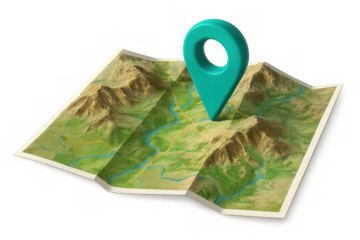 Location pin marking mountain terrain and river route on creased paper map, symbolizing geographical exploration and navigation planning