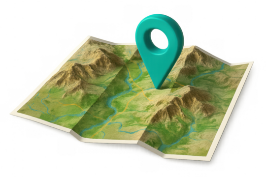 Location pin marking mountain terrain and river route on creased paper map, symbolizing geographical exploration and navigation planning