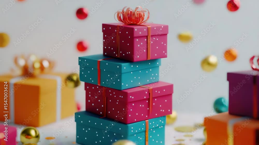 Aufkleber a stack of colorful boxes with a red bow on top. the boxes are arranged in a pyramid shape, with the