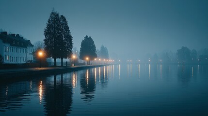Fototapeta premium Misty canal scene at night.