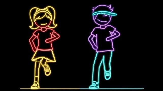 Looping neon girl and boy characters doing a hip hop dancing.