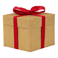 Shiny gold gift box with red ribbon for festive celebrations