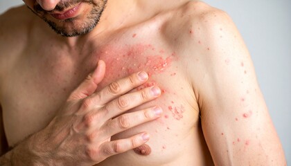 Naklejka premium A sensitive and clear close-up image of eczema on a adult's body, typically showing dry, red, and inflamed patches.