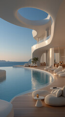 Naklejka premium Modern coastal villa architecture with curved design, infinity pool, ocean view, wooden deck and minimal lounge furniture in luxury Mediterranean beachside setting