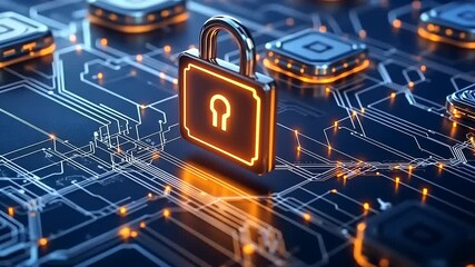 Digital padlock symbolizing cybersecurity on a circuit board with glowing connections and technology - Powered by Adobe