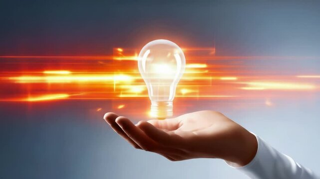Glowing lightbulb floating above open hand represents innovation, creativity, bright ideas. Conceptual of inspiration, breakthrough thinking, genius solutions. Technology, invention, imagination