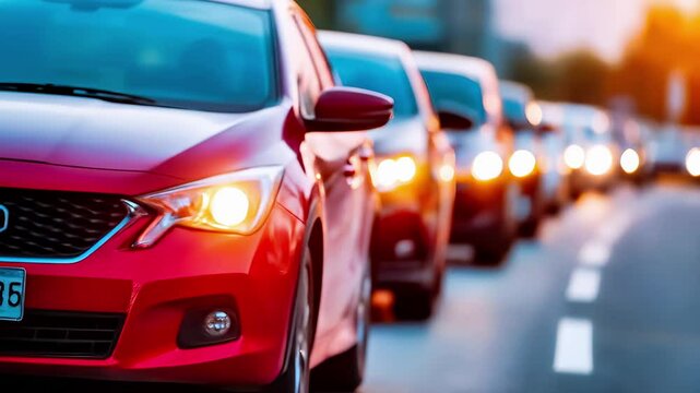 Heavy traffic jam with cars lined up on urban road during rush hour. Bright headlights illuminate evening commute, vehicles queue in congested street. Transportation, automotive, city mobility