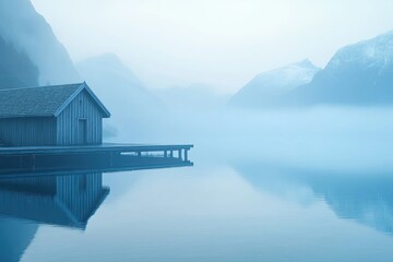 Misty mountain lake with tranquil wooden boathouse and its reflection