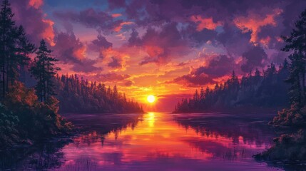 Obraz premium Sunset over a serene lake, vibrant colors