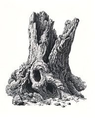 Highly detailed illustrations of various trees, leaves, grasses, and botanical elements, featuring realistic, minimalist, and abstract compositions on a white background.