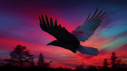 A bird is flying in the sky above a beautiful sunset