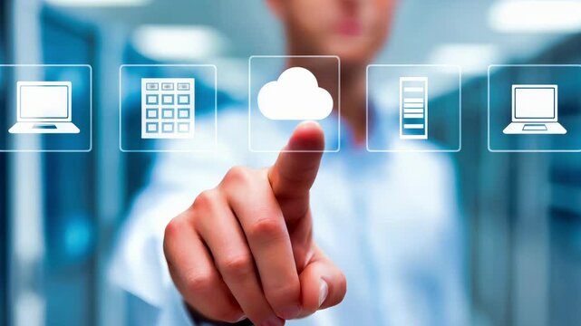 Business professional touches cloud computing in digital interface. Hand selects virtual technology symbols including laptops, servers, data storage. Modern corporate solutions concept for enterprise