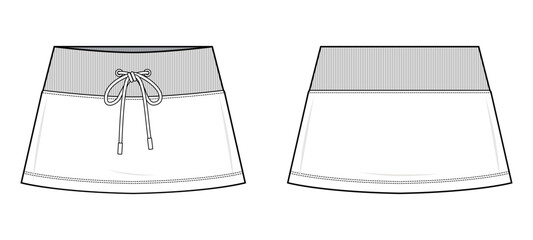 Drawstring Mini Skirt Technical Fashion Illustration. A-Line Skirt with Ribbed Waistband Vector Template. Front and Back View. Comfortable Fit. Women’s Casualwear. CAD Mockup.