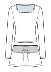 Loungewear Set with Long Sleeve Top and Mini Skirt Technical Fashion Illustration. Ribbed Waistband Skirt with Drawstring and Fitted Top Vector Template. Front View. Women’s Casualwear. CAD Mockup.