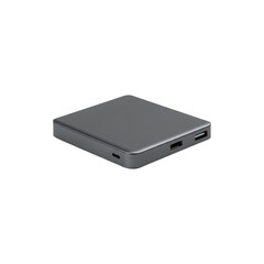 Slim gray external hard drive with a sleek finish.