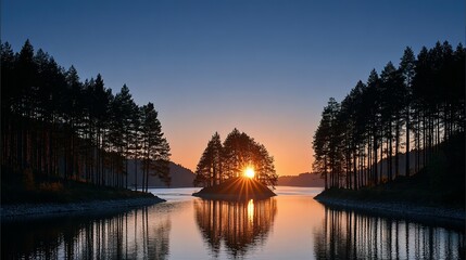 Fototapeta premium Sunrise over a tranquil lake with a small island.