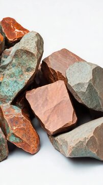 Various rough colored stones in different shades of green, red and orange on a white surface. Close-up shot with focus on the texture and variety of shapes.