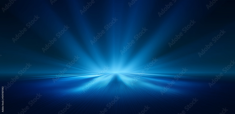 Poster on a blue background, radial light spreads outward, creating a dynamic and tech - inspired visual ef