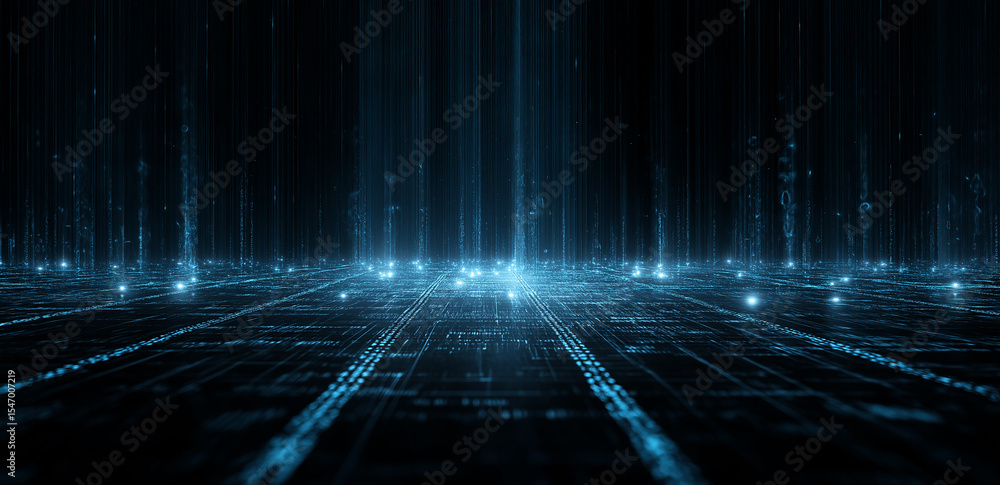 Poster in a dark background, blue lights and dots interweave into a network, presenting a futuristic vision