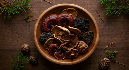 Dried Mushrooms and Volcanic Rock in Wooden Bowl