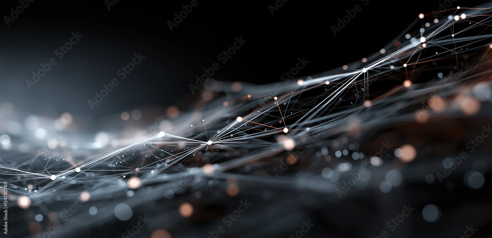 Poster in a dark background, glowing network lines and particles interweave, presenting an abstract visual 