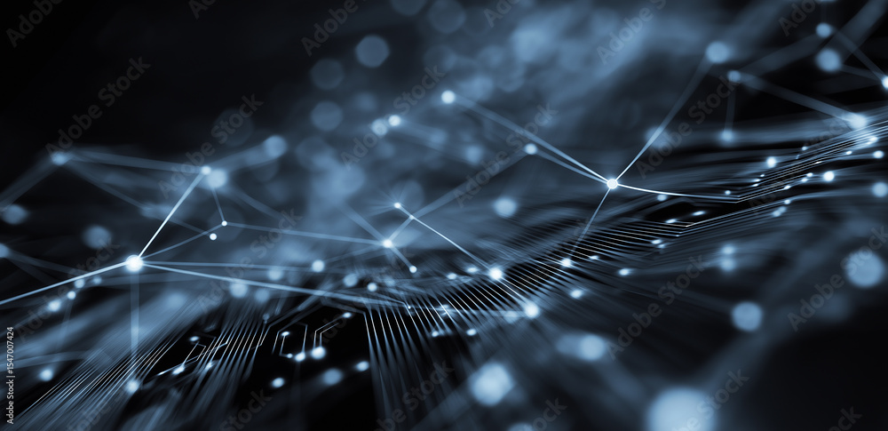 Poster in a dark background, blue lines and light spots interweave into a network, presenting an abstract v