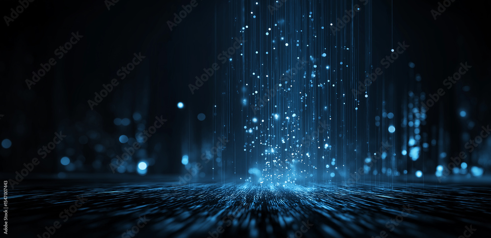 Poster against a dark background, blue light spots cascade like beams, as if data pouring, creating a tech 