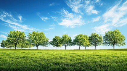 vibrant green grass and trees under a clear blue sky, featuring spacious areas for text,