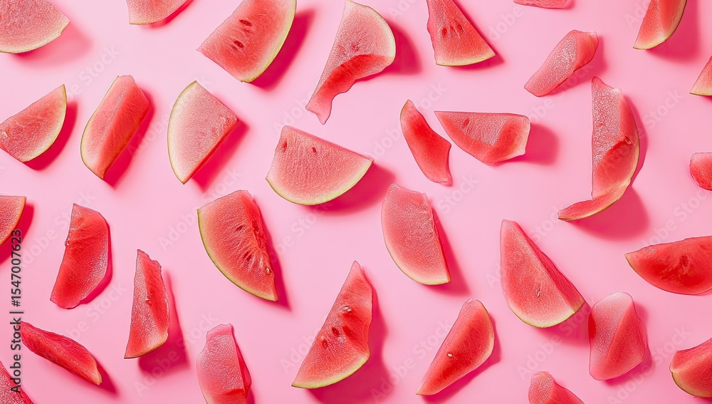 Poster pink background scattered with vibrant red watermelon slices, arranged in a visually appealing patte