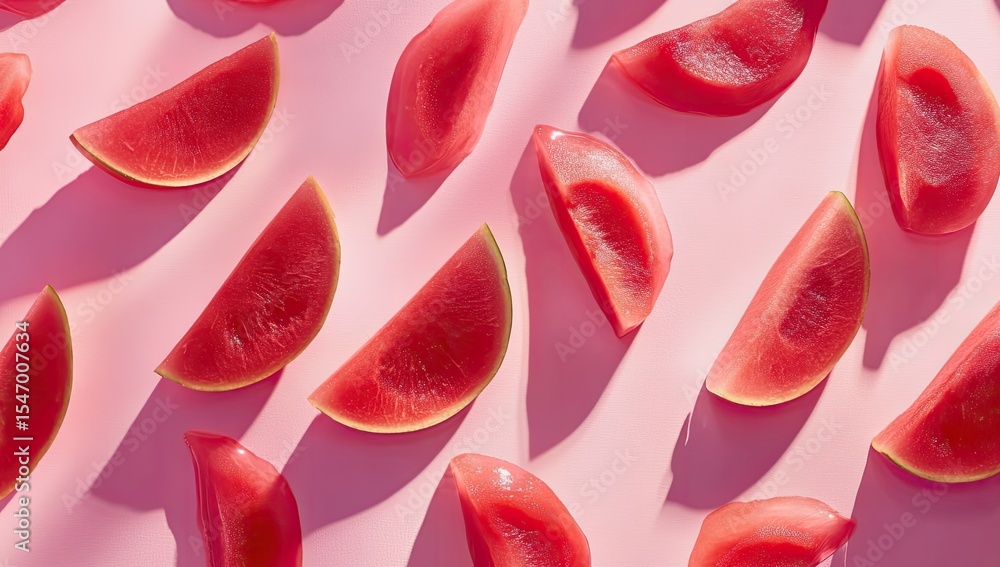 Poster a vibrant flat lay showcases numerous watermelon slices arranged on a pink backdrop, creating a visu