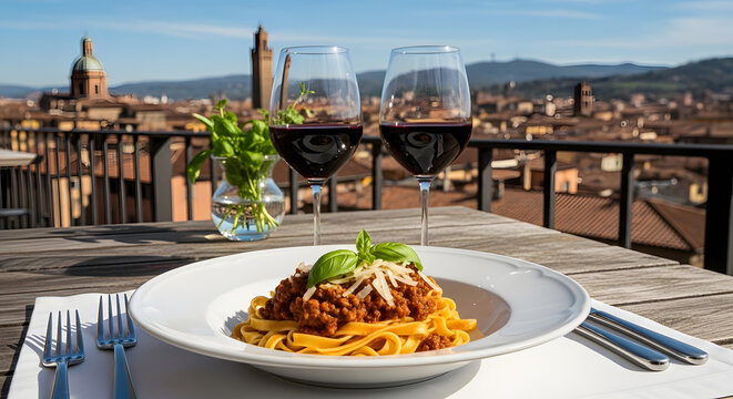 Pappardelle al Cinghiale served at Florence street restaurant with cityscape view
