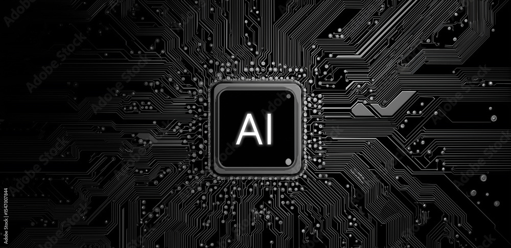 Poster at the center of a dark circuit board, the 
