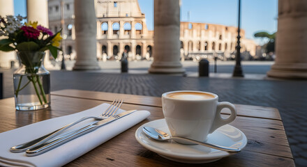 Italian espresso served at elegant Trieste street caf&eacute; with cityscape view
