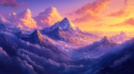 Mountain peaks pierce vibrant sunset clouds
