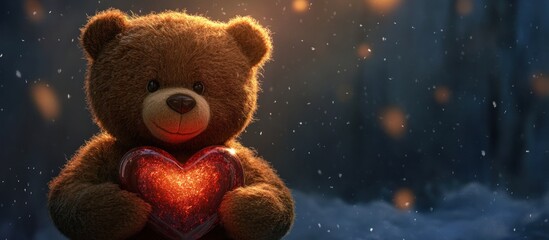 Teddy bear holding glowing heart in snowy forest