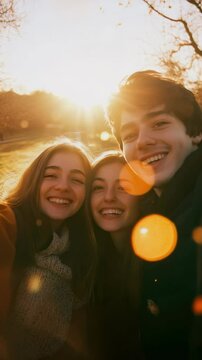 Friends taking a selfie in warm sunlight with Snapchat filter and happy expressions.