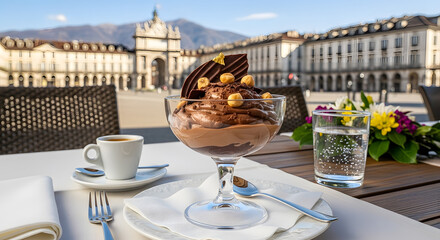 Gianduja Mousse served at Turin elegant street caf&eacute; with cityscape view
