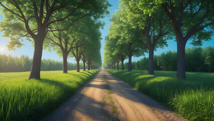 A dirt path through a park with lush green trees during the daytime in summertime. Ai Generative.