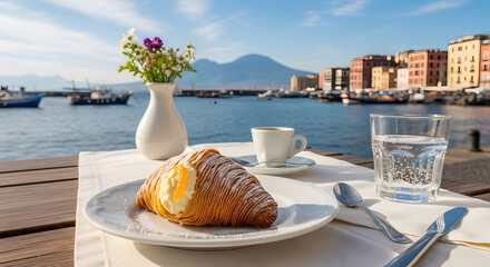 Sfogliatella served at Naples seaside caf&eacute; with coastal view
